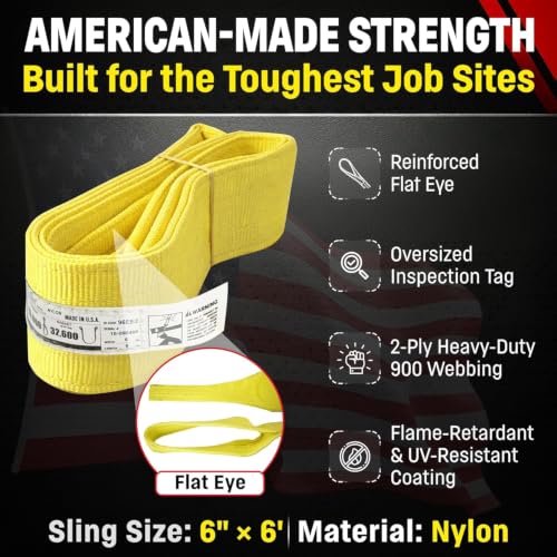 DD Sling 6 Inch x 6 Foot Nylon Lifting Sling – USA Made, 16,300 lb Vertical, 13,000 lb Choker, 32,600 lb Basket – 2-Ply Heavy Duty 900 Webbing, Type 3 Flat Eye & Eye Rigging Sling - size: 6" x 6'