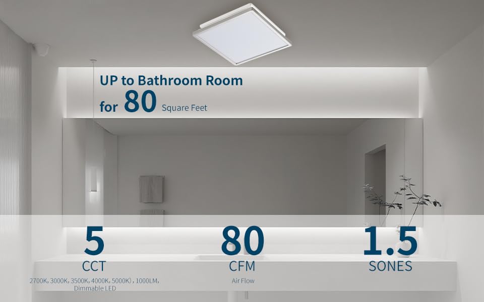 Tech Drive Bathroom Exhaust Fan with Light,80 CFM, 4 Inch Duct | Super Quiet 1.5 Sone ,1000lm Dimmable 3CCT LED Light, Energy Star Ventilation Fan, White - size: 80CFM with 3CCT Light (White)