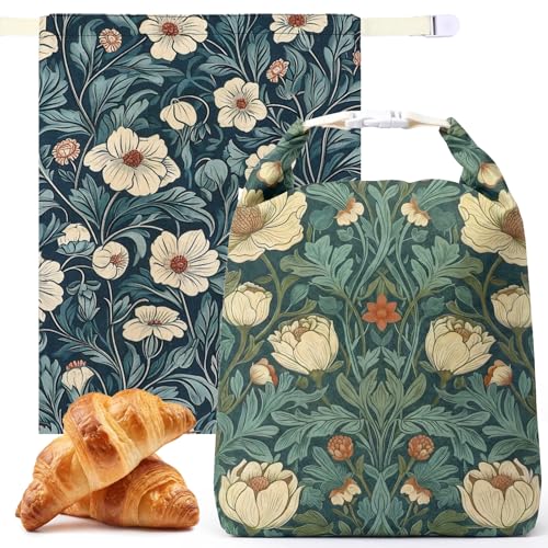 Hushee 2 Pcs Beeswax Bread Bags for Sourdough, XL, William Morris Flower | 13 x 16 Inch Bread Bags for Homemade Bread, Reusable Organic Linen Cotton Storage Bags, Keep Loaves Fresh Longer - style: William Morris Flower