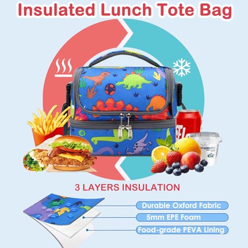 FlowFly Kids Double Decker Cooler Insulated Lunch Bag Large Tote for Boys, Girls, Men, Women, With Adjustable Strap, Dinosaur - color: Dinosaur