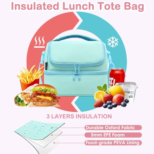 FlowFly Double Decker Cooler Insulated Lunch Bag Large Tote for Boys, Girls, Men, Women, With Adjustable Strap,Light Blue - color: Light#Blue