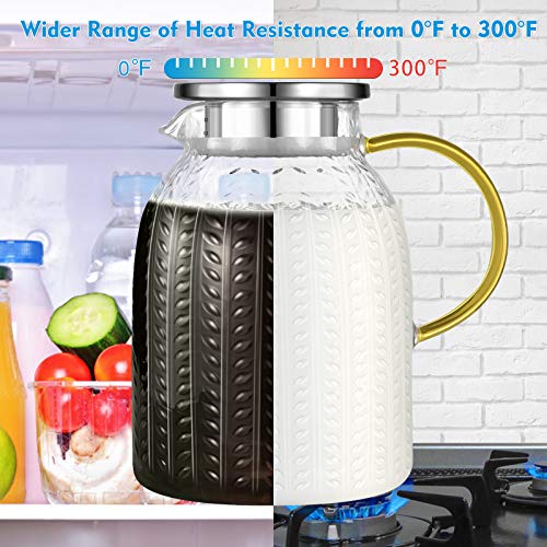 Aofmee 60oz Glass Pitcher, Water Pitcher with Lid, Iced Juice Jugs for Fridge, Glass Carafe for Cold or Hot Beverages, Sun Tea Jar, Easy Clean Heat Resistant Jug for Milk | Thickened Borosilicate Glass Iced Tea Pitcher, Drip-free Spout, Heat/Cold Resistan