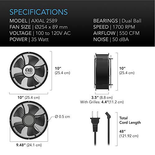 AC Infinity AXIAL 2589, Muffin Fan 10", 120V AC Ø254mm x 89mm | High Speed, UL-Certified for DIY Cooling Ventilation Exhaust Projects - size: Single Ø254 x 89 mm, High Speed