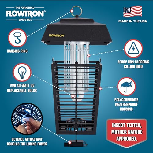 Flowtron Bug Zapper, 1.5 Acre Outdoor, Two 40W UV Bulb, 5600V, Octenol Lure | Bug zapper for large yards, farms, and wooded areas - UV and octenol lure clears mosquitoes and flies - UL certified - color: Black