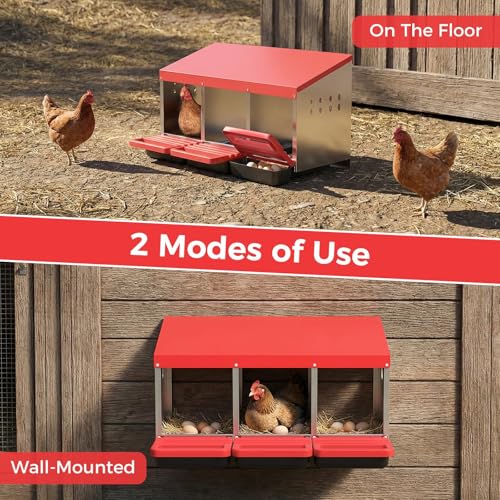 3-Compartment Chicken Nesting Box, Heavy Duty Galvanized Steel Poultry Nest Box, Wall Mount/Freestanding Design for Hens, Ducks, Backyard Homesteads & Farm Use, Red, with Soft Mats, No Stand - color: Red, size: 3 Room&Mat Board