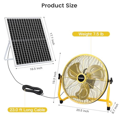 Fanspex 18" Solar Rechargeable Floor Fan for Outdoor Gazebo Greenhouse Barn | 83 Wh Battery Operated Fan, 360° Tilt with 35W Solar Panel Powered for Patio Camping Cooling or Air Circulation - size: 18"