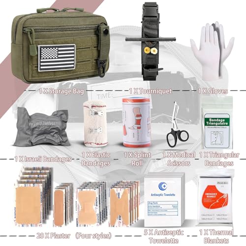 IFAK Trauma Kit with Tourniquet, 4-Inch Israeli Bandage, Elastic Bandages, Set of 34 Pieces Tactical First Aid Kit for Car, Camping, Hiking and Travel - color: Green