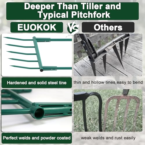 Broad Fork Garden Tool, 5 Tines Heavy-Duty U-Shaped Hand Tiller | 55 Inch Detachable Ergonomic Broadfork for Digging, Cultivating & Loosening Soil, Gardening & Farming