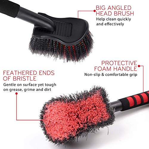 TAKAVU 17.5in Tire Brush, Soft Bristle Long Handle, Scratch-Free (Red) | Scrubs Sidewalls, Brake Dust & Wheel Wells on Cars, Trucks, RVs & Mats, Safe for Chrome & Alloy Rims - color: Red