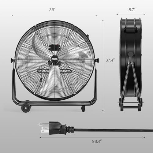 Bonnlo 30 inch Industrial Drum Fan, 13000CFM High Velocity Metal Floor Fan with Handle, 3-Speed, 360° Tilt, Heavy Duty, Air Circulator for Shop, Garage, Gym, Barn, Commercial, Black - size: 30'' (Black)