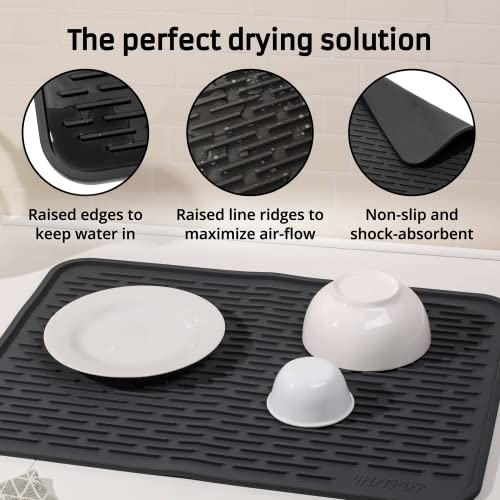 HOTPOP XXL 24"x18" Large Black Dish Silicone Drying Mat and Trivet - Dishwasher Safe, Heat Resistant, Eco-conscious - Rubber Dish Drying Mat, Silicone Dish Mat for Kitchen Counter (24x18 Inches) - style: (24"x18"), Black