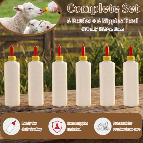 Goat Bottles for Feeding Baby Goats - 6 Pack 13.5 oz (400ml) PP Plastic Nipple Set for Lambs, Calves, Sheep, Goat & Other Livestock - Essential to Raise Healthy Lambs and Calves