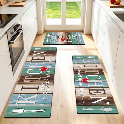 Kitchen Rugs Set 3 Piece, Non Slip Kitchen Mats for Floor, Soft Fabric with Rubber Backing, Farmhouse Anti Fatigue Runners Carpet for Home Kitchen Laundry Room Hallway (Rustic Teal Brown) - color: Rustic Teal Brown