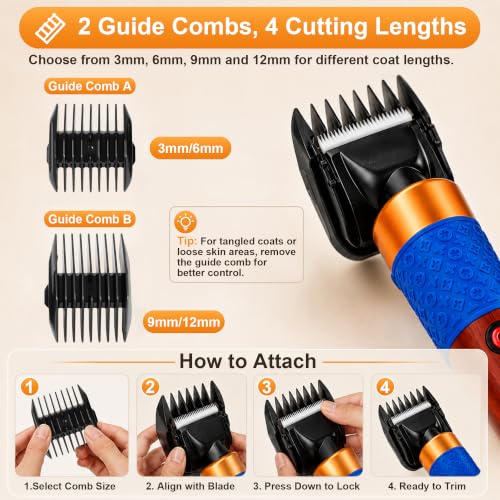 Dog Clippers for Grooming Thick Hair, 200W Sheep Shears, Pet Clipper Kit | Corded Dog Hair Trimmer with Spare Blade, Stepless 2000-6600 RPM, 10ft Cable, Low Noise, for Dogs, Sheep, Goats and Alpacas - size: 10 feet