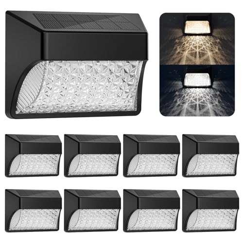 Solar Fence Deck Lights Outdoor 8 Pack, Solar Step Lights Dusk to Dawn Warm White/Cool White, Solar Powered LED Lights Decor for Outside Stair Step Yard Patio Waterproof (Black)
