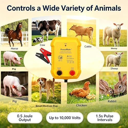 FenceMate Battery Powered Electric Fence Charger Output 0.5J up to 10 Miles | to Contain Poultry, Livestock, Fencer to Protect Homestead, Garden, Pond, Orchard,Peak 10 kV, Low Impedance Fence Energizer - style: 0.5J, 12V battery not included