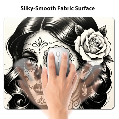 Day of the Dead Sugar Skull Woman Mouse Pad 9.5" x 7.9", Black & White Tattoo Art Cute Desk Mat - color: Floral Skull