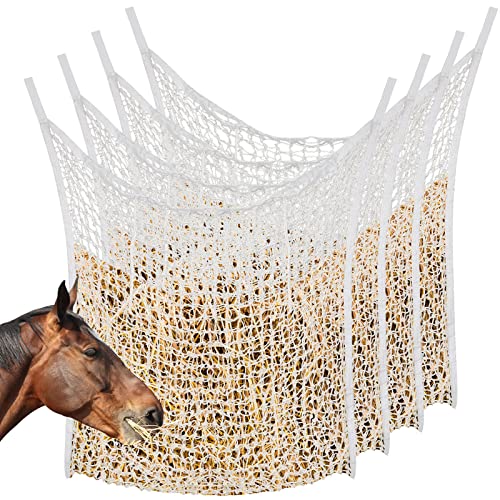 Riakrum 4 PCS Slow Feed Hay Net for Horses, 35 x 31 Inch Large Capacity Hay Bags for Horses Goats Sheep Donkey Trailer Full Day Feeding, Easy to Fill and Hang, White Stall Feeder