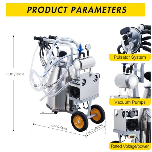 Cow Milking Machine Portable, 55KPA 15000 RPM Electric Milker Machine | Milking Equipment with 25 L/6.6 gal Stainless Steel Bucket 5-8 Cows Per Hour with Silicone Cups and Tubes for Cows and Goats