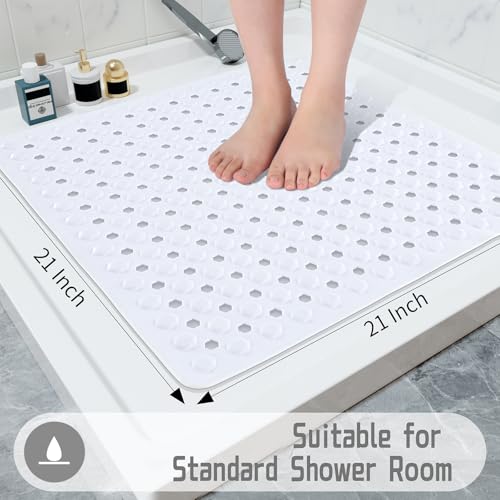 Yimobra Square Shower Floor Mat Non Slip, 21"X21" Machine Washable Bath Tub Mat, Soft on Feet, Bathmat with Drain Holes and Suction Cups, Fast Draining, White - color: White, size: 21 X 21 Inch