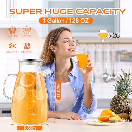 1 Gallon 128oz Glass Pitcher,Water Pitcher with Full Seal Lid and Spout, Glass Carafe for Hot/Cold Drink, Water Jug for Iced Tea, Coffee, Juice, Milk, Beverage | Thickened Borosilicate Glass Iced Tea Pitcher, Drip-free Spout, Heat Resistant, Stovetop Dish