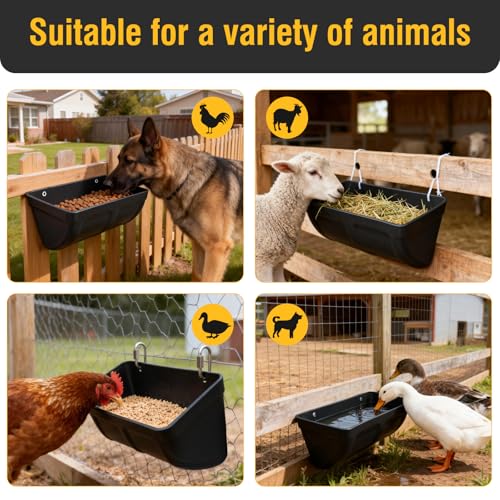 2 Pack Hanging Chicken Feeder Trough for Goat,Sheep,Dog.Livestock Feeding Container Goats Supplies Feeders Waterer Bucket (Black)