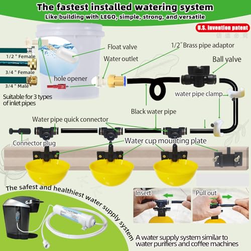 Automatic Chicken Water System, Complete Set with Large Water Cup,Pipeline | Innovative Quick-Connect Chicken Water System, Water Cups Removable and Washable, 18ft Pipeline and Float Valve , 6Cups - size: 6Cups