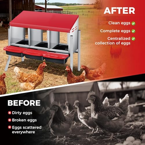 Galvanized Steel Chicken Nesting Box 3 Compartment with Pull Out Tray, Roll Away Nest Boxes for Laying Hens Egg Collection, Wall Mount Poultry Nest Box for Coop with Handle, Red, with Legs - color: Red, size: 3 Compartments with Support Legs