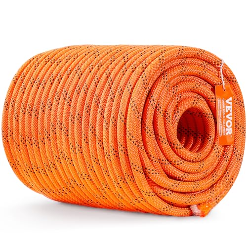 VEVOR Double Braided Polyester Rope, 1/2 in x 220 ft, 48 Strands, 8000 LBS Breaking Strength Outdoor Climbing Rope, Arborist Rigging Rope for Rock Hiking Camping Swing Rappelling Rescue, Orange/Black - size: 1/2 Inch x 220 FT, style: Polyester
