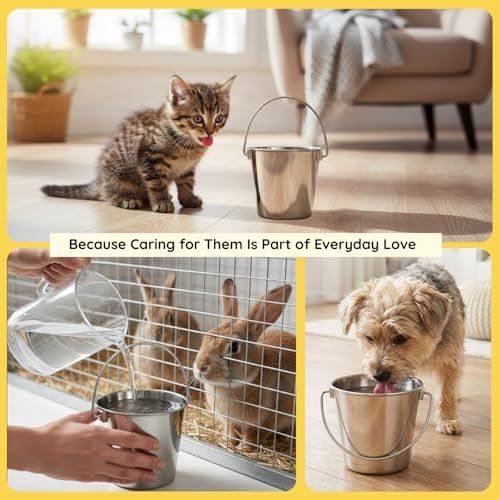 2 quart Heavy Duty Stainless Steel Round Bucket with Handle | 0.5 gal Sturdy Food & Water Bowl for Small Birds Dog Cat & Livestock | Fits kennel Crate Cage Farm | Hanging Utility Pet Pail - size: 2 Quarts