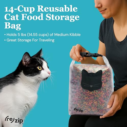(re) zip Cat Food Storage Bag & Kibble Carrier, 14-Cup Roll Top, Black | Water-resistant, BPA-free, food-grade. Travel bag for boarding, pet sitters and vacations. Holds up to 6 lbs of cat kibble. - color: Cat Black, size: 14 Cup