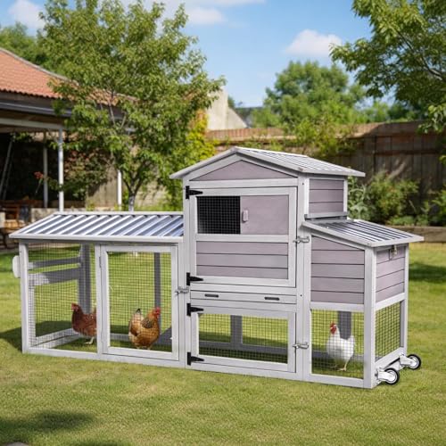 Aivituvin Chicken Coop with Run and Wheels, Mobile Outdoor Hen House Wooden Poultry Cage with Waterproof Roof (Grey, AIR61) - color: Grey, size: AIR61