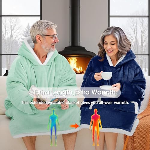 JOYWOO Navy Wearable Blanket Hoodie,Oversized Cat Lovers Sweatshirt Blanket for Adult, Birthday Gifts for Men,Dad,Husband Cozy Fuzzy Sherpa Hooded Blanket with Giant Pocket and Winter Gifts,Standard - color: Navy Blue, size: Adult