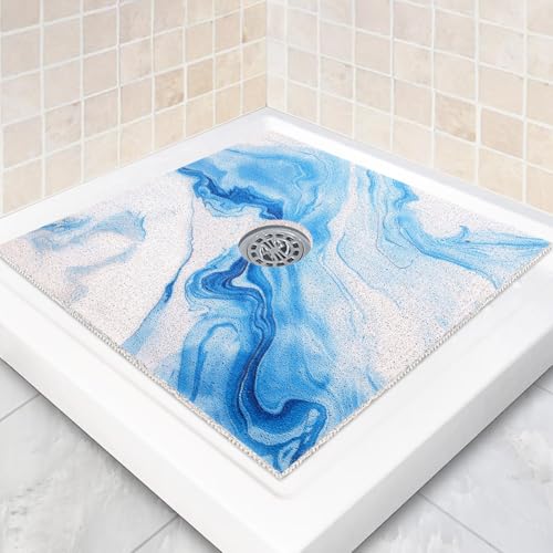 Square Shower Mat Non Slip: 32 x 32 Inch Extra Large Shower Mats with Drain Hole in Middle - PVC Loofah Anti Slip Shower Floor Matt for Inside Shower - color: Blue Ocean, size: 32" x 32" (Square)