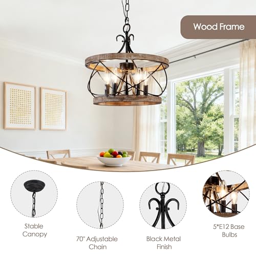 15.7" Farmhouse Chandelier for Dining Room, 5-Light Wood Drum | Rustic Chandelier Dining Room Light Fixture French Country Industrial Pendant Lamp for Living Room Kitchen Island Entryway - color: 15.7" Wood Drum