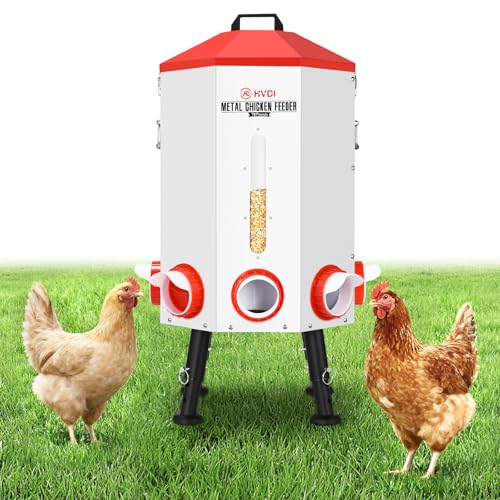 70lbs - 80lbs Large Automatic Chicken Feeder, Adjustable Stand, 8 Feeding Ports, Viewing Window, Sloped Roof Rain Protection Design
