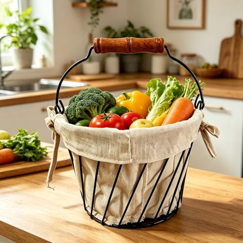 Wire Egg Basket for Gethering Fresh Egg,Egg Collection Basket | removable Colth liner Farmhouse Egg Basket for Gathering Fresh Eggs for Kitchen Countertop, Reusable & Durable