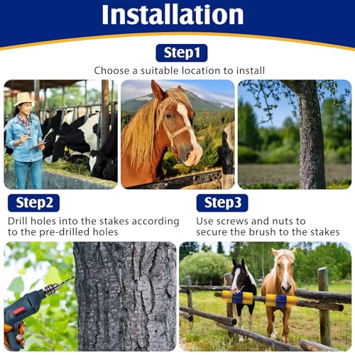 3 Pack Livestock Scratching Brush, Blue and Yellow | Animal Scratcher, Itch Relief Grooming, Horse Goat Cow Scratcher, Fence Post Mounting, Durable Bristles, Farm Livestock Care - color: Blue and Yellow