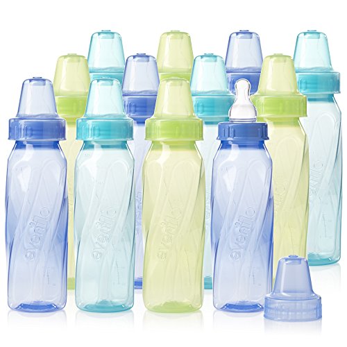 Evenflo Feeding Classic Tinted Plastic Standard Neck Bottles for Baby, Infant and Newborn - Teal/Green/Blue, 8 Ounce (Pack of 12) - color: Transparent