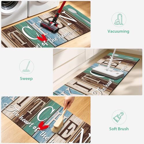 Kitchen Rugs Set 3 Piece, Non Slip Kitchen Mats for Floor, Soft Fabric with Rubber Backing, Farmhouse Anti Fatigue Runners Carpet for Home Kitchen Laundry Room Hallway (Rustic Teal Brown) - color: Rustic Teal Brown