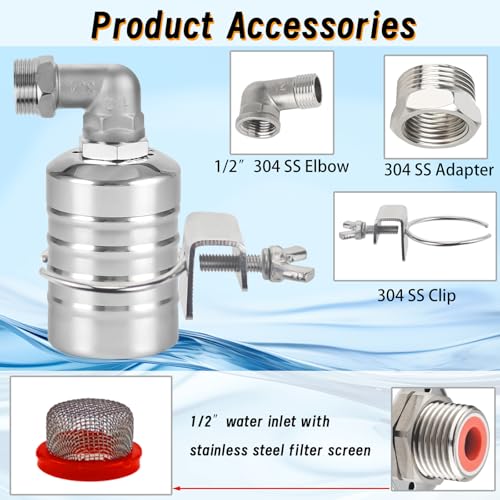 2-Pack Float Valve, 1/2" to 3/4'' 1" 304 Stainless Steel Fully Automatic Water Level Controller Water Float Valve for Water Tank,Pool,Water Tank, Livestock Troughs