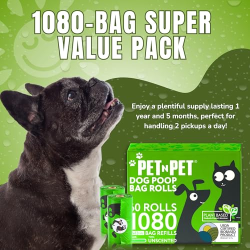 Pet N Pet Poop Bags for Dogs, 1080 Count, Plant Based, Unscented, Green | USDA Certified, 41%, Doggy, Leak-Proof, Refill, Waste, Tear-Resistant, Easy-Tear Design, dog waste bags - color: Pea Green - Unscented