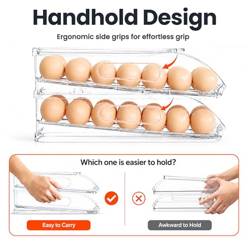 SMRCAD 54-Egg Dispenser with Silicone Bumpers, Auto-Rolling, Stackable | BPA-free food-grade PET | Stackable with lid | Built-in handle | 11.92"L x 8.85"W x 7.9"H | Hand wash only - size: 3 Tier Holder 54 Eggs (L SIZE)