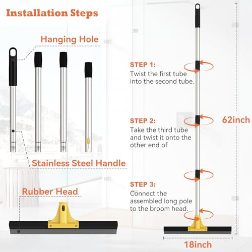 Large Heavy-Duty Floor Squeegee, 18” Rubber Blade Broom & 62” Long Handle Floor Squeegee for Concrete, Bathroom Tile, Garage Concrete, Deck, Shower Glass, Window Cleaning - color: Yellow