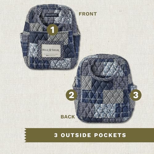 Bella Taylor Lunch Tote, Quilted Lunch Bag, Heritage Blue Patch | Lightweight quilted cotton lunch box, easy-to-clean PEVA lining, 3 outside/1 inside pocket, durable construction - color: Heritage Blue Patch