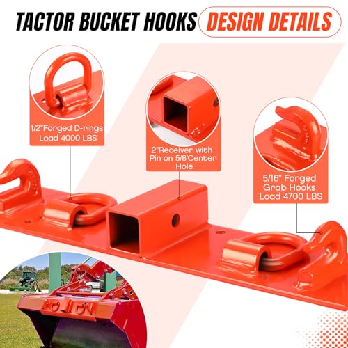 Tractor Bucket Hook, Bolt On Grab Hook with 2" Receiver, 1/2" D Rings, 5/16" Grab Hooks, Universal Bucket Attachment, Fits Compact Tractor Loader, 1.5" Bolt, Orange