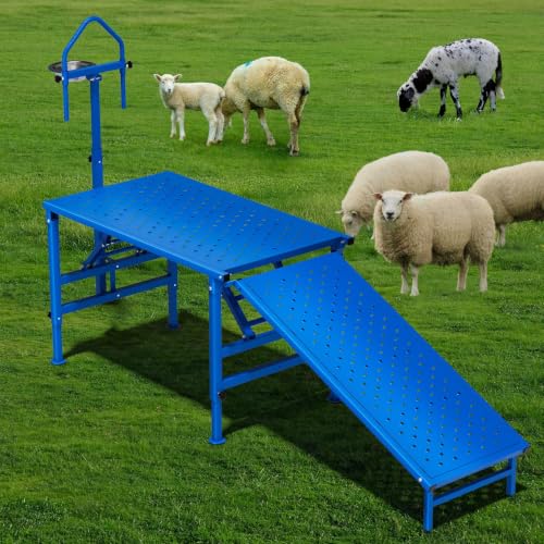 Goat Milking Stand with Ramp, 600LBS Foldable Livestock Trimming Platform, Metal Grooming Stand with Adjustable Headpiece & Stainless Steel Feeder for Nubian & Dwarf Goats