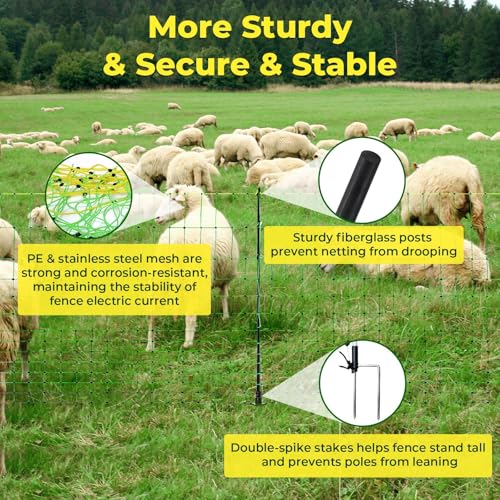 Electric Fence Netting, 164'L x 42.5" H, Portable Electric Fence for Goats, Livestock, Cattle, Sheep, 14 Double Spike Fiberglass Posts Pre-Assembled Net Fencing for Backyards, Farms and Ranches