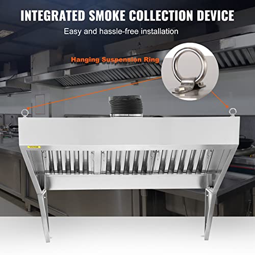 VEVOR Commercial Exhaust Hood, 6FT Food Truck Hood Exhaust, 201 Stainless Steel Concession Trailer Hood with 3 Detachable U-shaped Grid Oil Filter Mesh, Rust Resistant Vent Hood for Kitchen Restaurant | Concession Trailer Hood with 3 Detachable U-Shaped G
