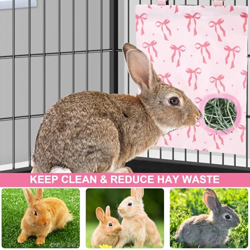 JarThenaAMCS 2Pcs Rabbit Hay Feeder Bag with 2 Holes Pink Bow Guinea Pig Hanging Hay Feeding Bag Storage Dispenser for Chinchilla Hamster Bunny Small Animal Pet - size: 11.5 x 9 inch